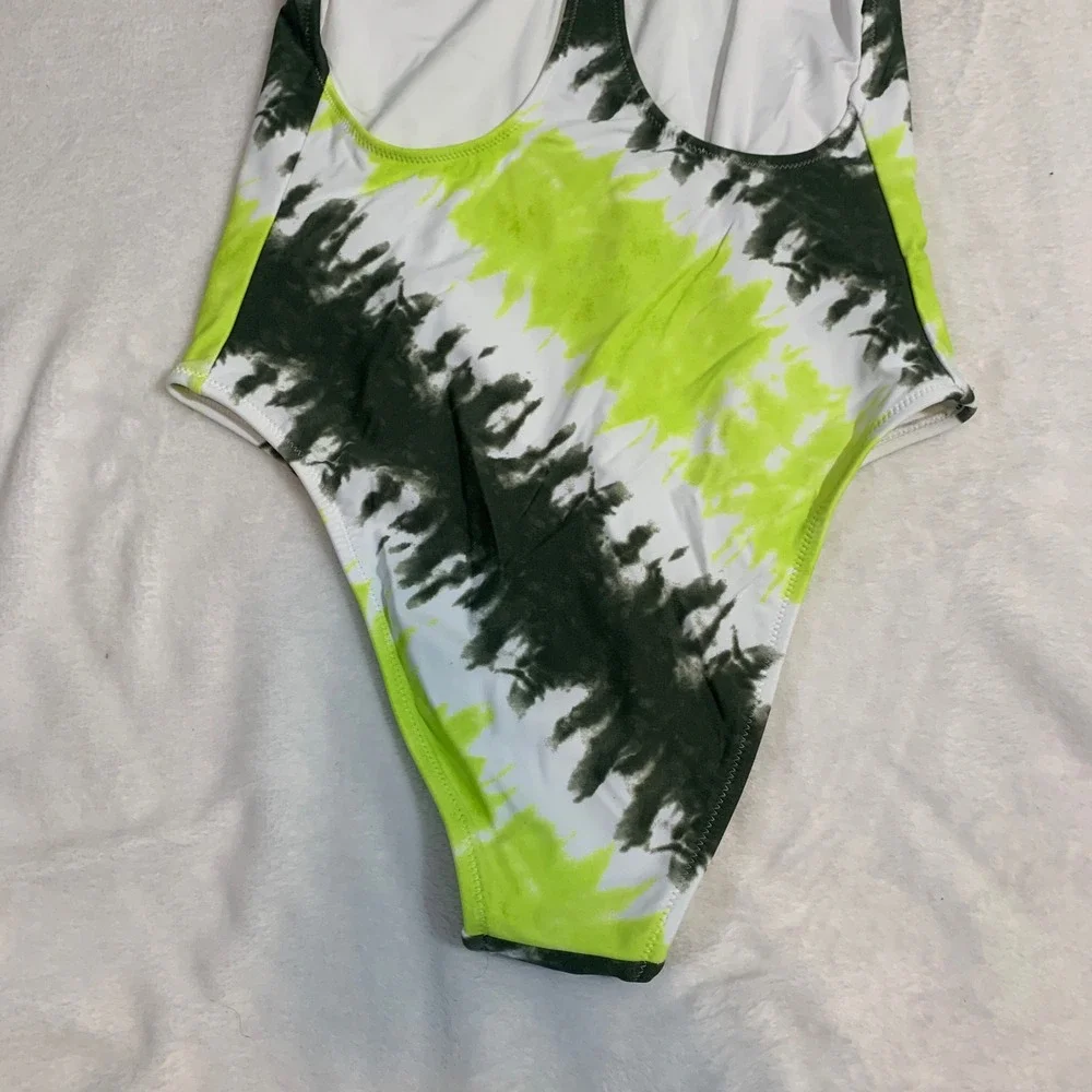 Aerie Tie Dye One Piece Swimsuit Neon Green Black‎ White Racerback Size M